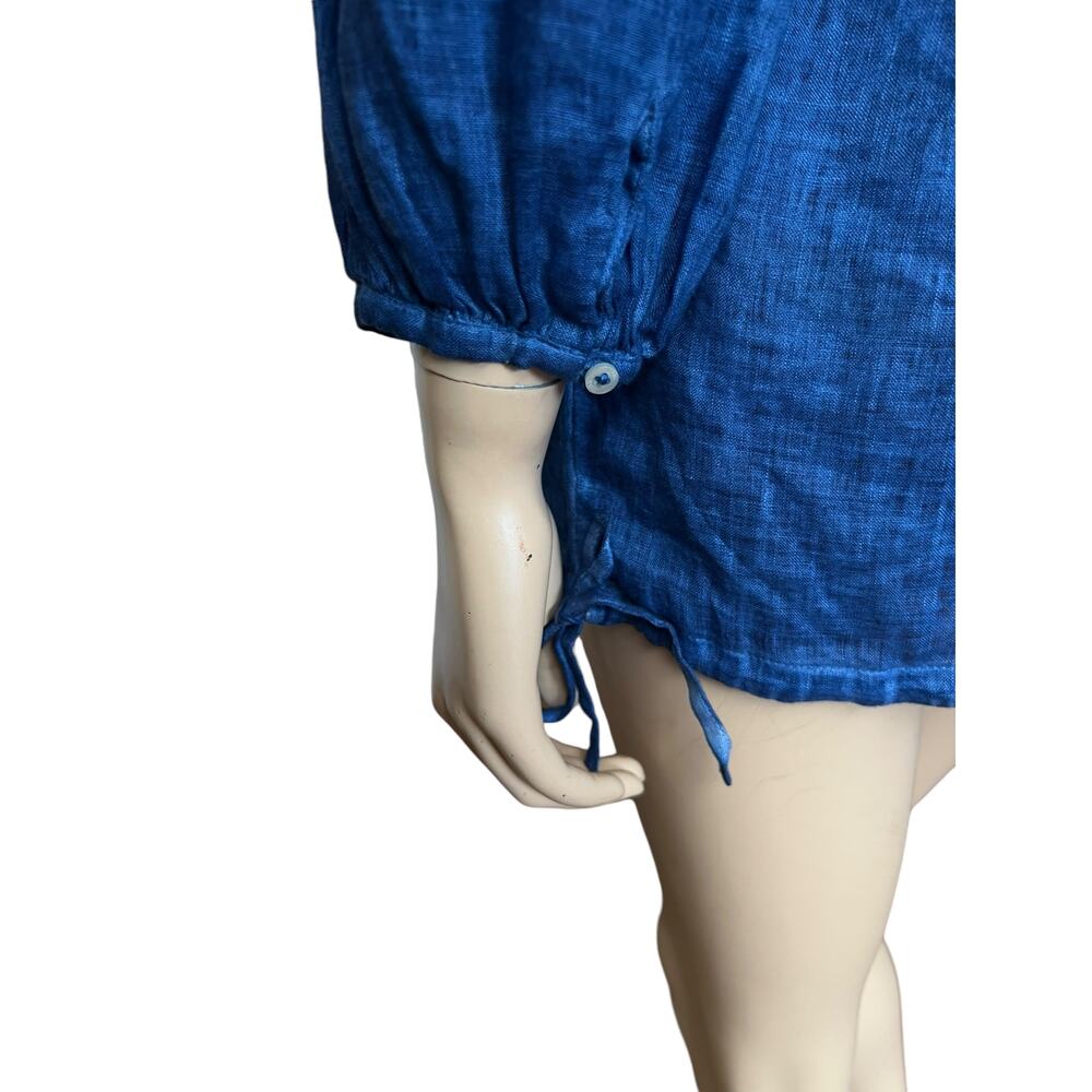 120% Lino Blue Conscious Split-Neck Linen Blouse Rhinestone Embellishment Sz M - Picture 5 of 12